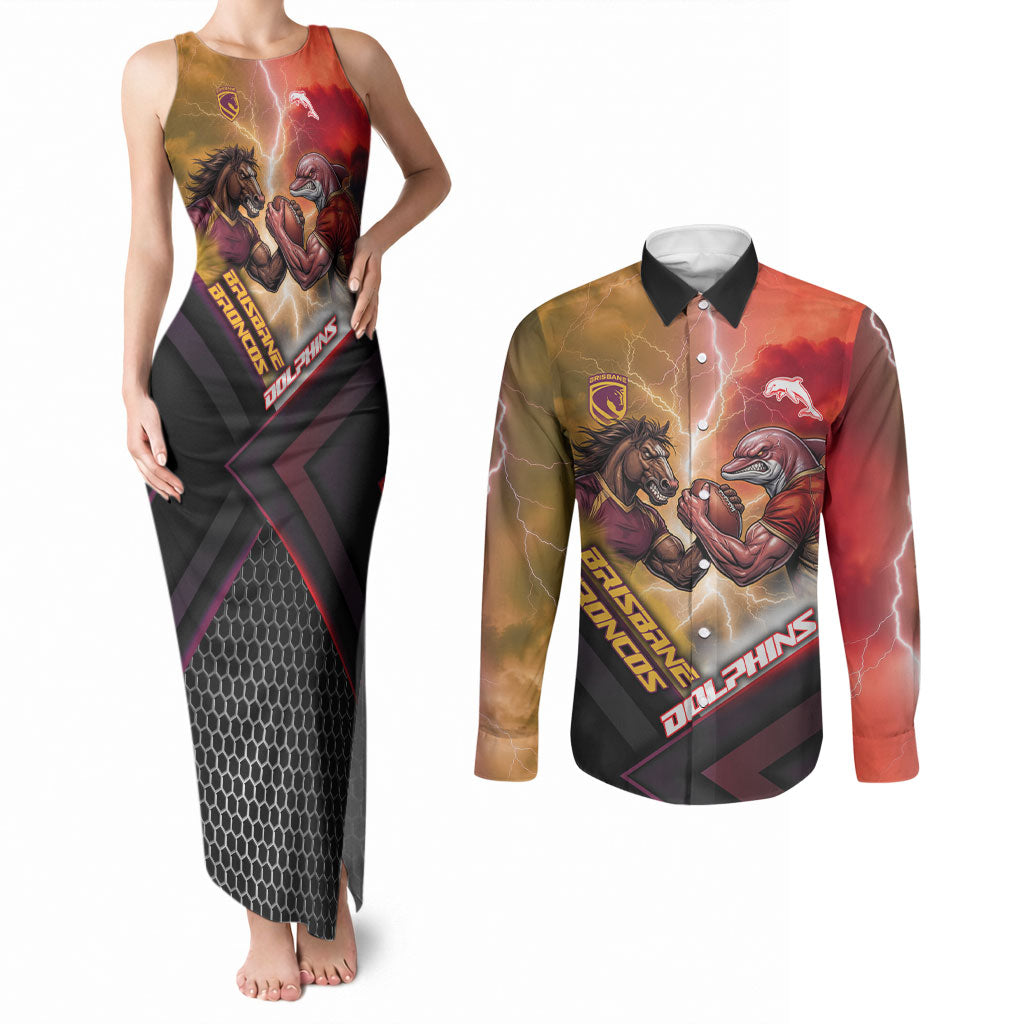 Personalized Brisbane Broncos vs Dolphins Couples Matching Tank Maxi Dress and Long Sleeve Button Shirt Battle Epic Lightning Storm Mascot