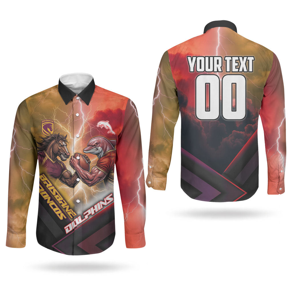 Personalized Brisbane Broncos vs Dolphins Couples Matching Tank Maxi Dress and Long Sleeve Button Shirt Battle Epic Lightning Storm Mascot