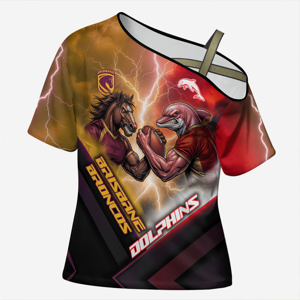 Personalized Brisbane Broncos vs Dolphins Cross Shoulder Shirt Battle Epic Lightning Storm Mascot