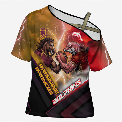 Personalized Brisbane Broncos vs Dolphins Cross Shoulder Shirt Battle Epic Lightning Storm Mascot