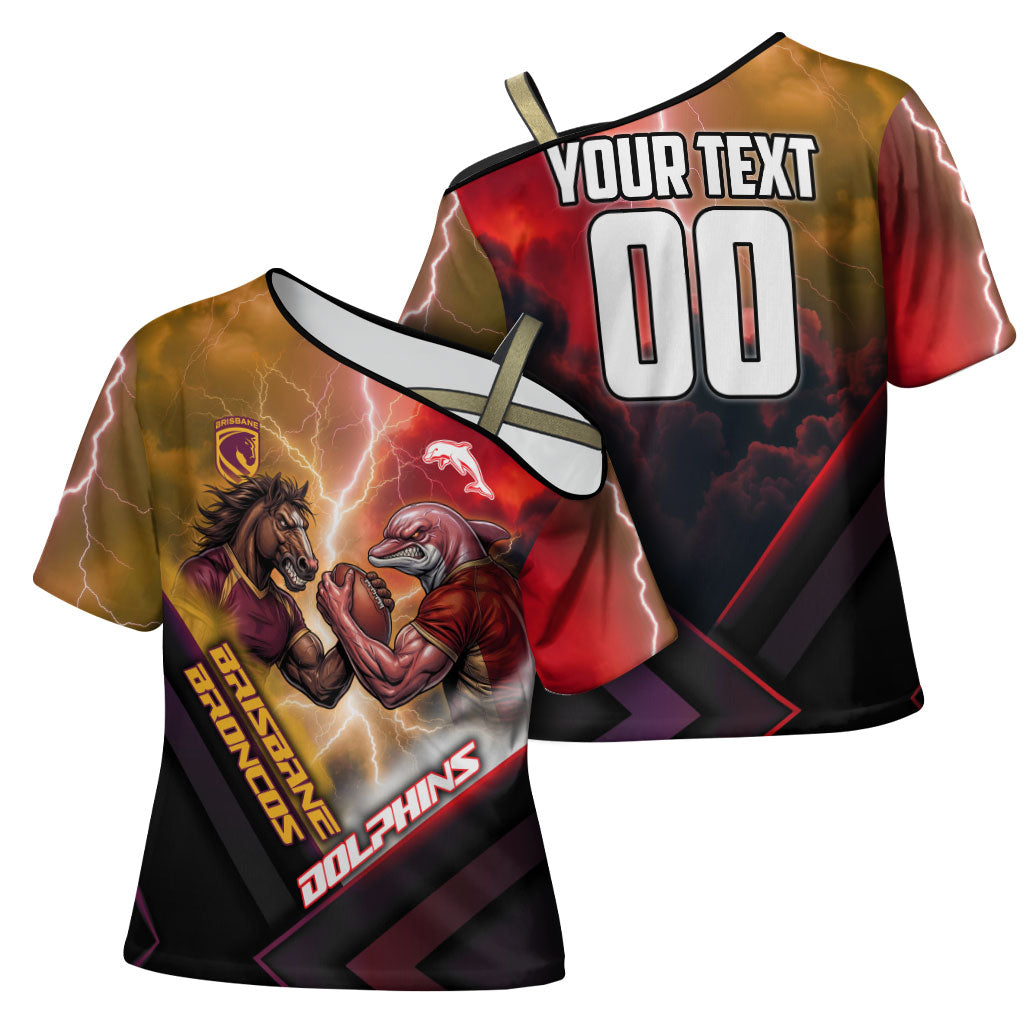 Personalized Brisbane Broncos vs Dolphins Cross Shoulder Shirt Battle Epic Lightning Storm Mascot