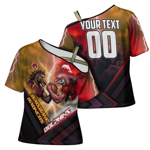 Personalized Brisbane Broncos vs Dolphins Cross Shoulder Shirt Battle Epic Lightning Storm Mascot