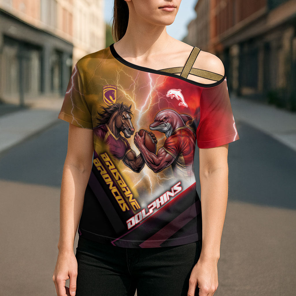 Personalized Brisbane Broncos vs Dolphins Cross Shoulder Shirt Battle Epic Lightning Storm Mascot
