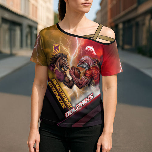Personalized Brisbane Broncos vs Dolphins Cross Shoulder Shirt Battle Epic Lightning Storm Mascot