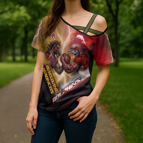 Personalized Brisbane Broncos vs Dolphins Cross Shoulder Shirt Battle Epic Lightning Storm Mascot