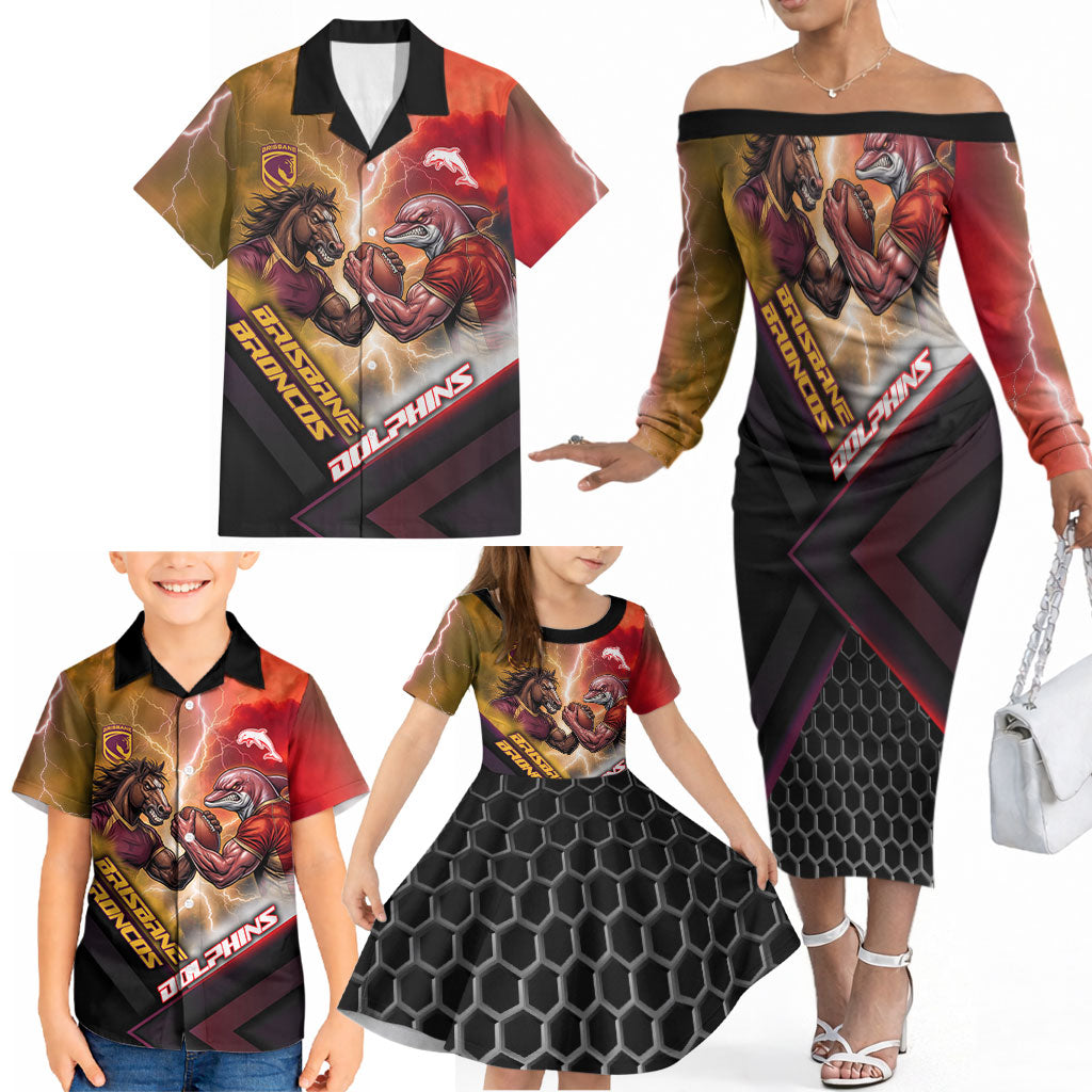 Personalized Brisbane Broncos vs Dolphins Family Matching Off The Shoulder Long Sleeve Dress and Hawaiian Shirt Battle Epic Lightning Storm Mascot