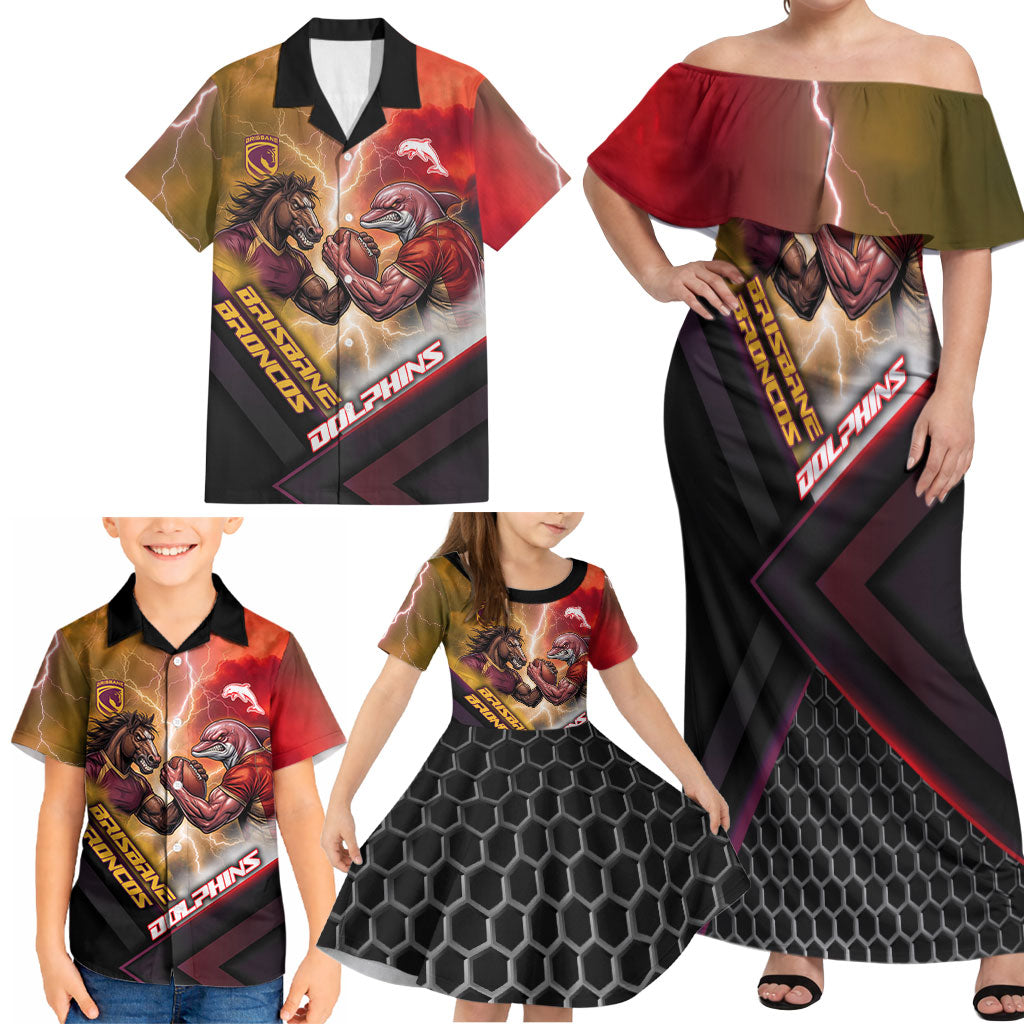 Personalized Brisbane Broncos vs Dolphins Family Matching Off Shoulder Maxi Dress and Hawaiian Shirt Battle Epic Lightning Storm Mascot