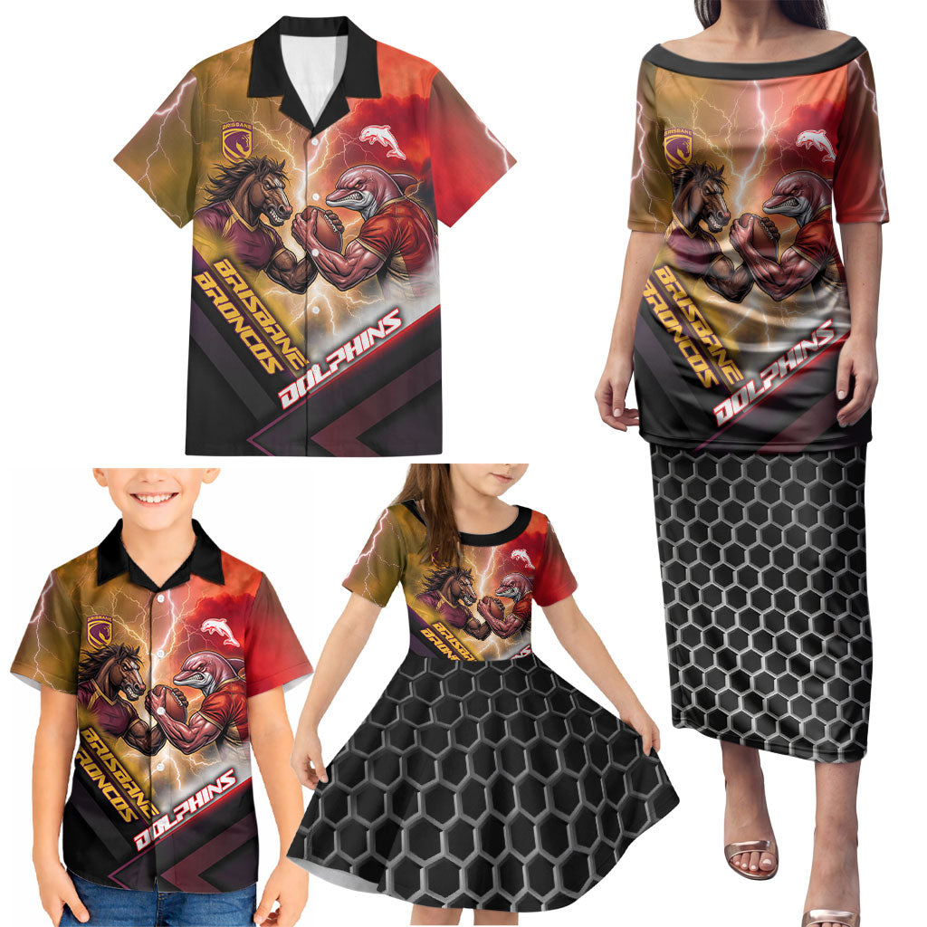 Personalized Brisbane Broncos vs Dolphins Family Matching Puletasi and Hawaiian Shirt Battle Epic Lightning Storm Mascot