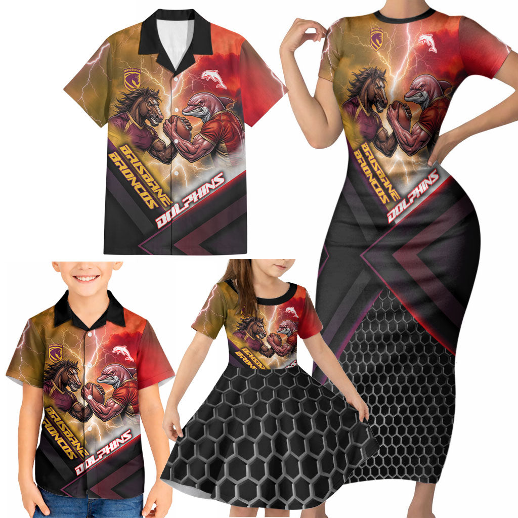 Personalized Brisbane Broncos vs Dolphins Family Matching Short Sleeve Bodycon Dress and Hawaiian Shirt Battle Epic Lightning Storm Mascot