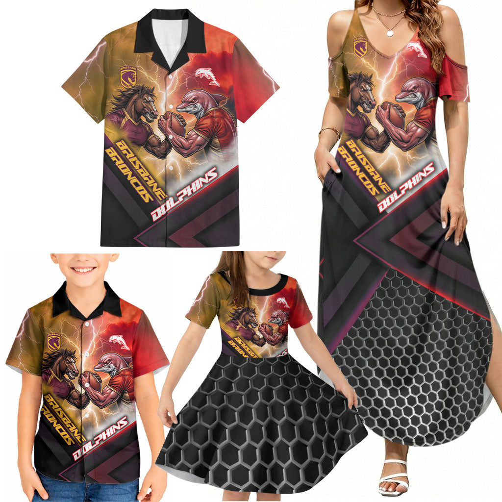 Personalized Brisbane Broncos vs Dolphins Family Matching Summer Maxi Dress and Hawaiian Shirt Battle Epic Lightning Storm Mascot