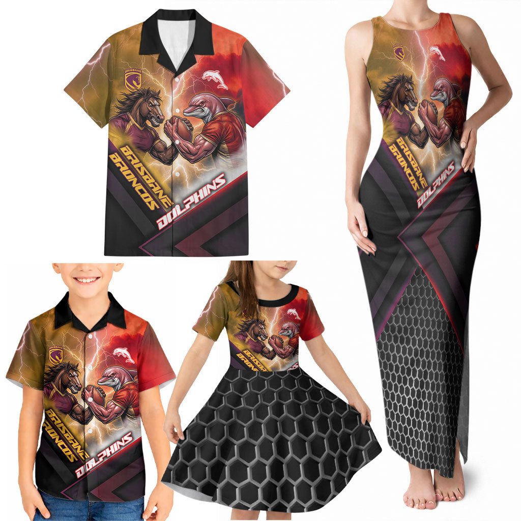 Personalized Brisbane Broncos vs Dolphins Family Matching Tank Maxi Dress and Hawaiian Shirt Battle Epic Lightning Storm Mascot