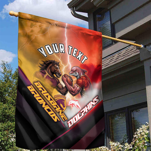Personalized Brisbane Broncos vs Dolphins Garden Flag Battle Epic Lightning Storm Mascot