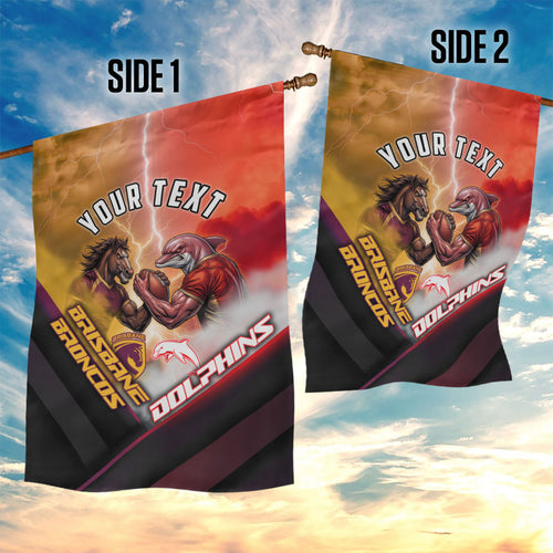 Personalized Brisbane Broncos vs Dolphins Garden Flag Battle Epic Lightning Storm Mascot