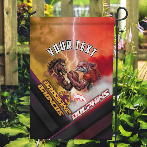 Personalized Brisbane Broncos vs Dolphins Garden Flag Battle Epic Lightning Storm Mascot