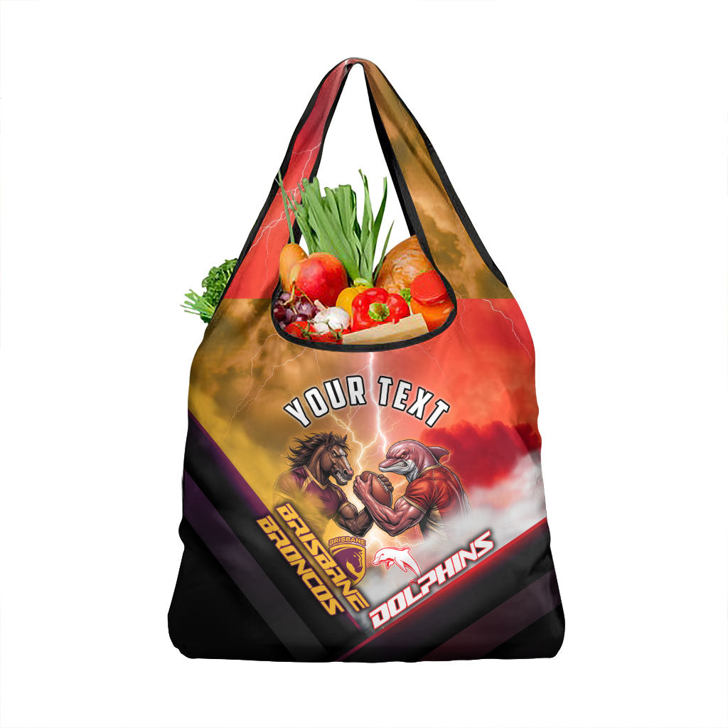 Personalized Brisbane Broncos vs Dolphins Grocery Bag Battle Epic Lightning Storm Mascot