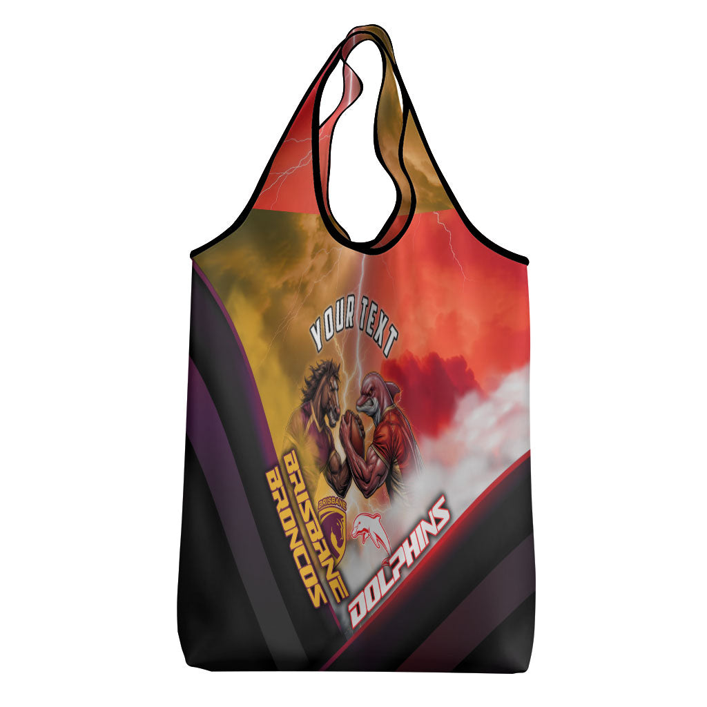 Personalized Brisbane Broncos vs Dolphins Grocery Bag Battle Epic Lightning Storm Mascot