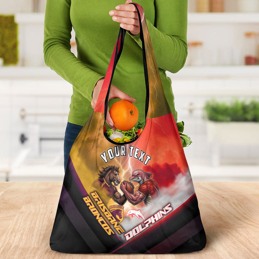 Personalized Brisbane Broncos vs Dolphins Grocery Bag Battle Epic Lightning Storm Mascot