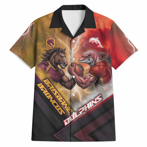 Personalized Brisbane Broncos vs Dolphins Hawaiian Shirt Battle Epic Lightning Storm Mascot