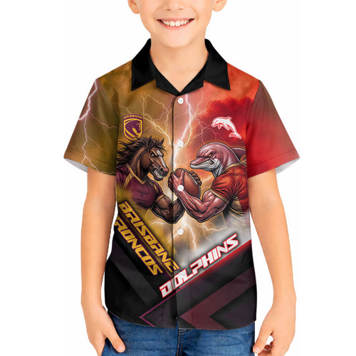 Personalized Brisbane Broncos vs Dolphins Hawaiian Shirt Battle Epic Lightning Storm Mascot