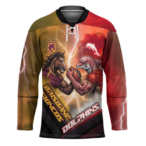 Personalized Brisbane Broncos vs Dolphins Hockey Jersey Battle Epic Lightning Storm Mascot