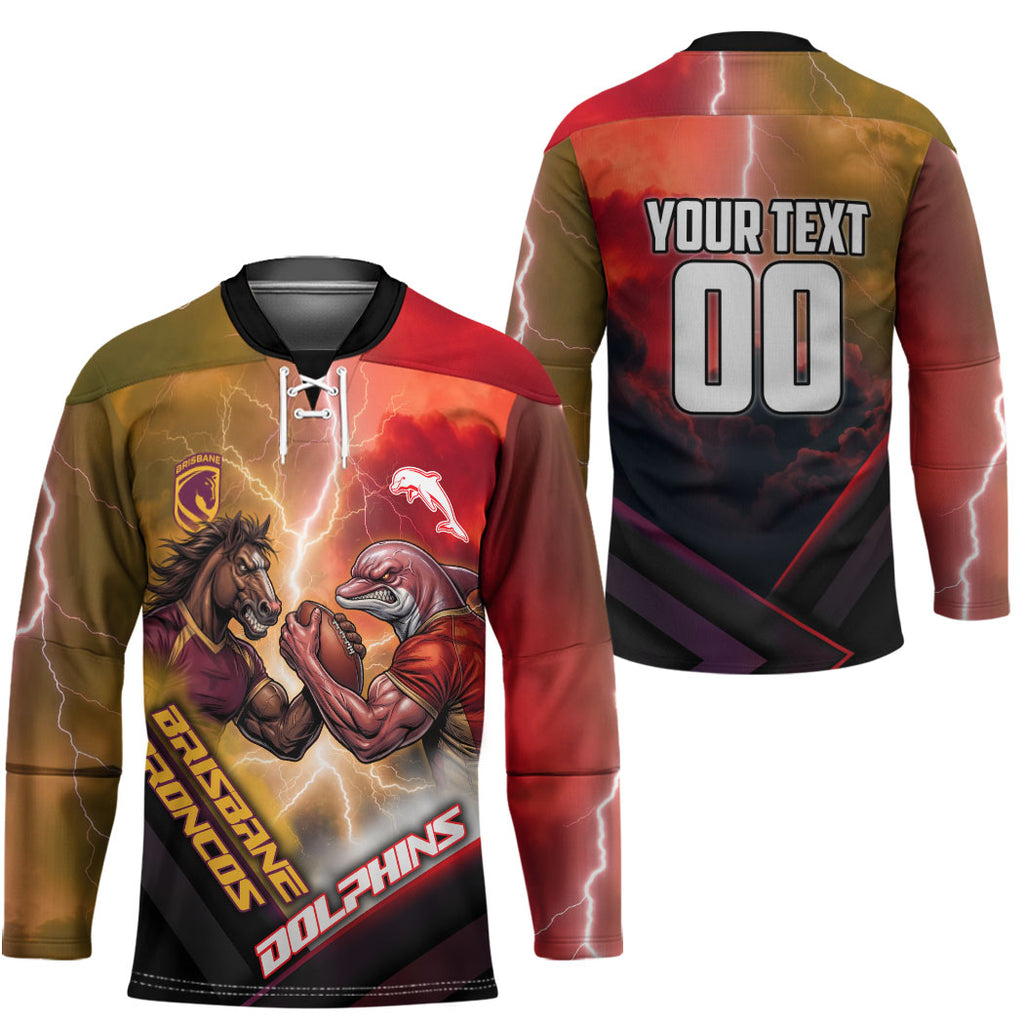 Personalized Brisbane Broncos vs Dolphins Hockey Jersey Battle Epic Lightning Storm Mascot