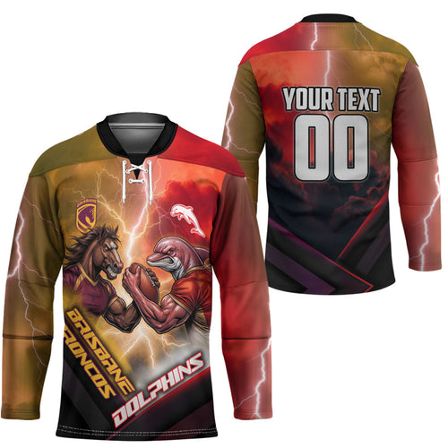 Personalized Brisbane Broncos vs Dolphins Hockey Jersey Battle Epic Lightning Storm Mascot