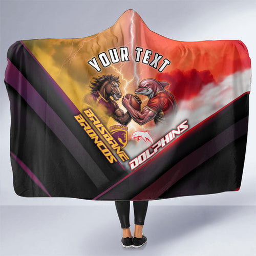 Personalized Brisbane Broncos vs Dolphins Hooded Blanket Battle Epic Lightning Storm Mascot