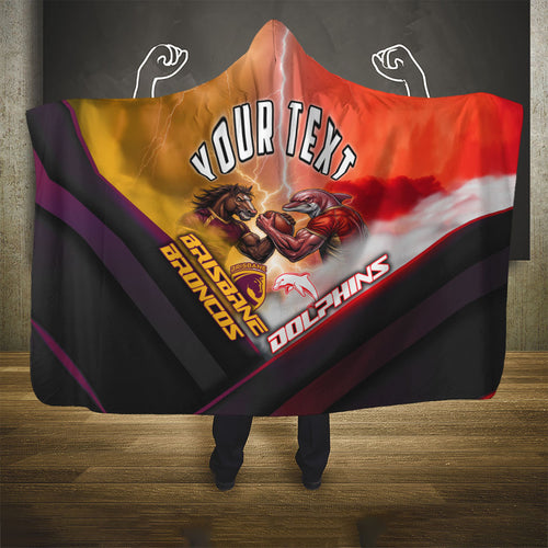 Personalized Brisbane Broncos vs Dolphins Hooded Blanket Battle Epic Lightning Storm Mascot