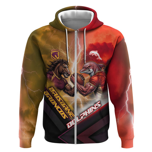 Personalized Brisbane Broncos vs Dolphins Hoodie Battle Epic Lightning Storm Mascot