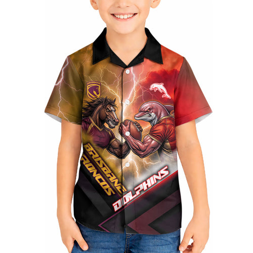 Personalized Brisbane Broncos vs Dolphins Kid Hawaiian Shirt Battle Epic Lightning Storm Mascot