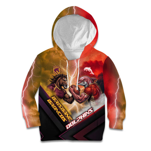 Personalized Brisbane Broncos vs Dolphins Kid Hoodie Battle Epic Lightning Storm Mascot