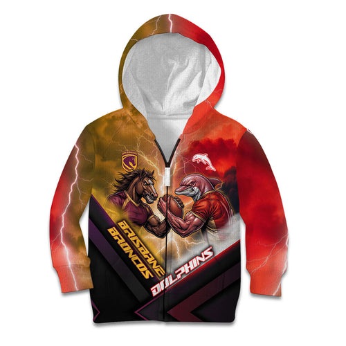 Personalized Brisbane Broncos vs Dolphins Kid Hoodie Battle Epic Lightning Storm Mascot