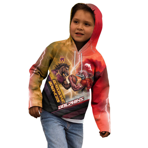 Personalized Brisbane Broncos vs Dolphins Kid Hoodie Battle Epic Lightning Storm Mascot
