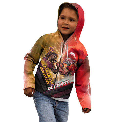 Personalized Brisbane Broncos vs Dolphins Kid Hoodie Battle Epic Lightning Storm Mascot