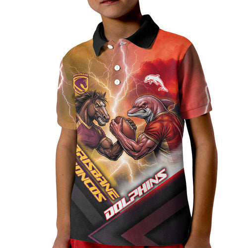 Personalized Brisbane Broncos vs Dolphins Kid Polo Shirt Battle Epic Lightning Storm Mascot