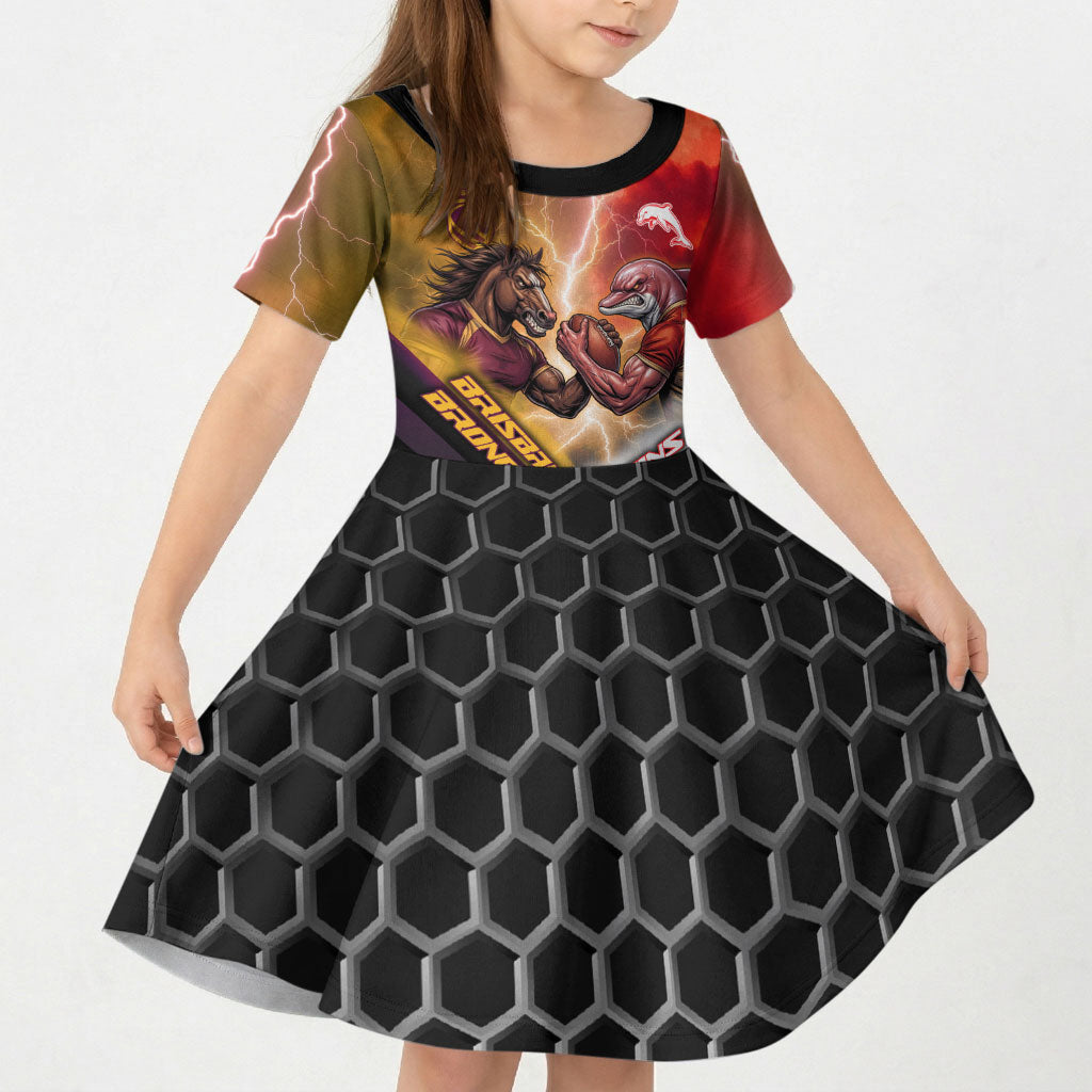Personalized Brisbane Broncos vs Dolphins Kid Short Sleeve Dress Battle Epic Lightning Storm Mascot