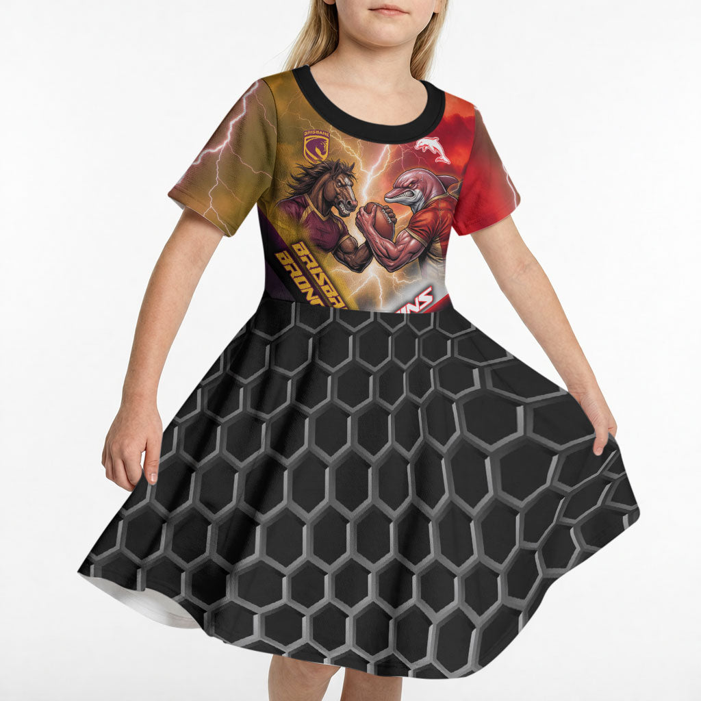 Personalized Brisbane Broncos vs Dolphins Kid Short Sleeve Dress Battle Epic Lightning Storm Mascot