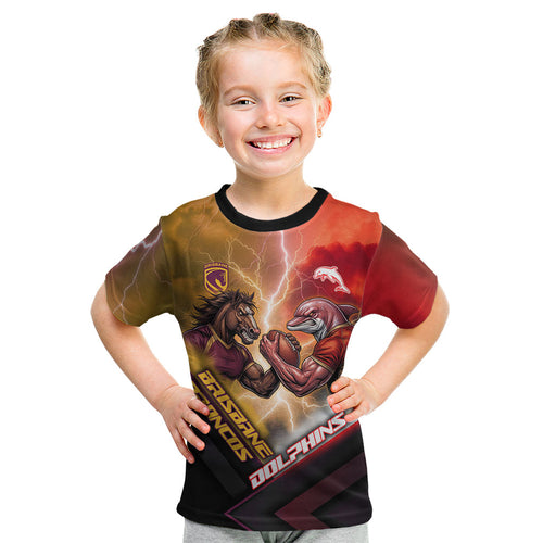 Personalized Brisbane Broncos vs Dolphins Kid T Shirt Battle Epic Lightning Storm Mascot