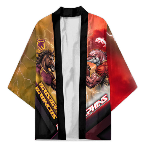 Personalized Brisbane Broncos vs Dolphins Kimono Battle Epic Lightning Storm Mascot