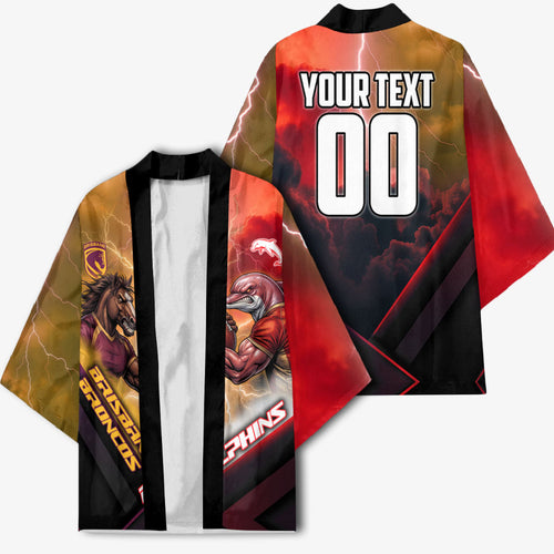 Personalized Brisbane Broncos vs Dolphins Kimono Battle Epic Lightning Storm Mascot