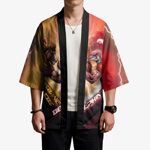 Personalized Brisbane Broncos vs Dolphins Kimono Battle Epic Lightning Storm Mascot