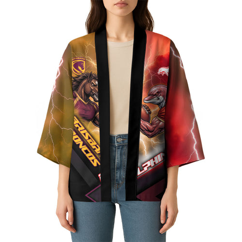 Personalized Brisbane Broncos vs Dolphins Kimono Battle Epic Lightning Storm Mascot