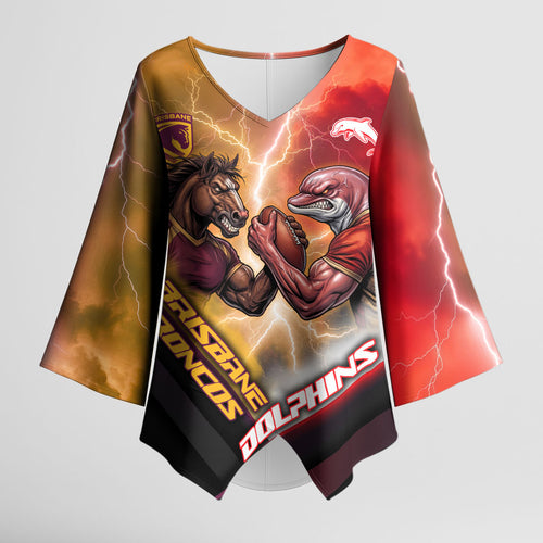 Personalized Brisbane Broncos vs Dolphins Kimono Sleeve Blouse Battle Epic Lightning Storm Mascot
