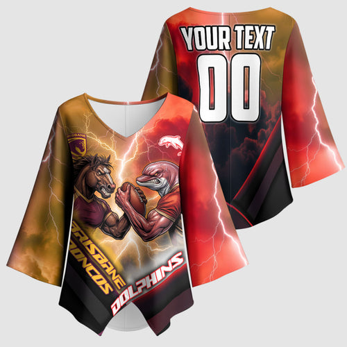 Personalized Brisbane Broncos vs Dolphins Kimono Sleeve Blouse Battle Epic Lightning Storm Mascot