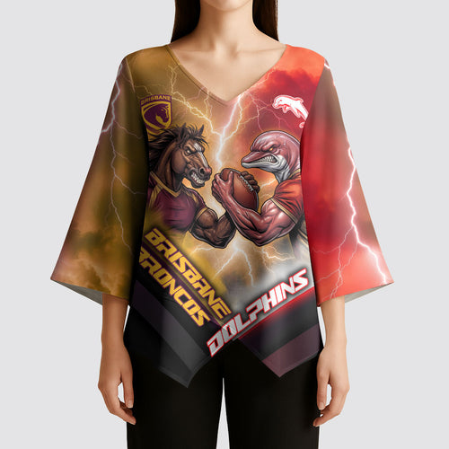 Personalized Brisbane Broncos vs Dolphins Kimono Sleeve Blouse Battle Epic Lightning Storm Mascot