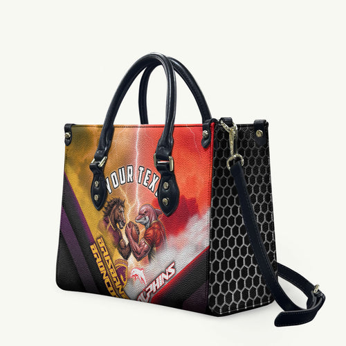 Personalized Brisbane Broncos vs Dolphins Leather Bag Battle Epic Lightning Storm Mascot