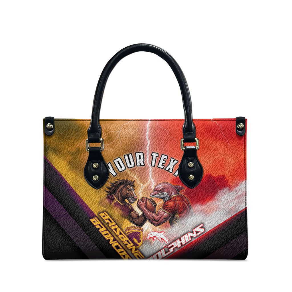 Personalized Brisbane Broncos vs Dolphins Leather Bag Battle Epic Lightning Storm Mascot