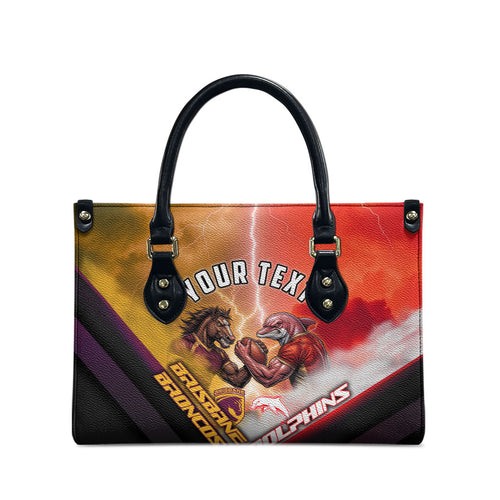 Personalized Brisbane Broncos vs Dolphins Leather Bag Battle Epic Lightning Storm Mascot