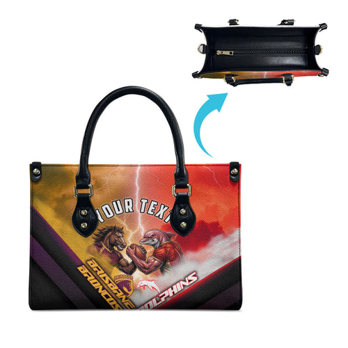 Personalized Brisbane Broncos vs Dolphins Leather Bag Battle Epic Lightning Storm Mascot