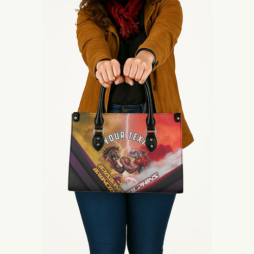 Personalized Brisbane Broncos vs Dolphins Leather Bag Battle Epic Lightning Storm Mascot
